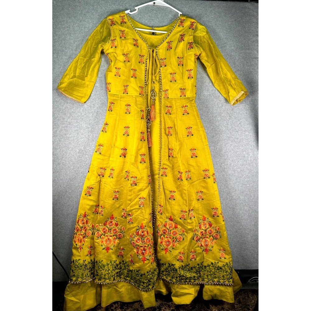 Maxi Dress Womens 34 Mustard Yellow Floral Embroidered Tie Front Wedding Wear